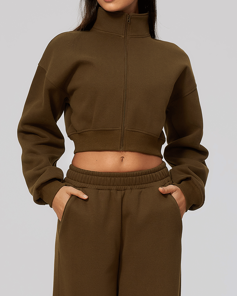 Cropped High-Neck Fleece-Lined Jacket
