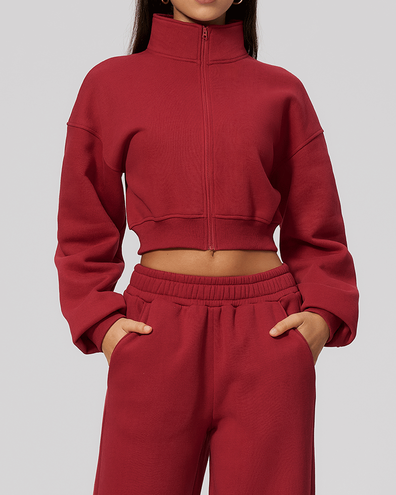 Cropped High-Neck Fleece-Lined Jacket