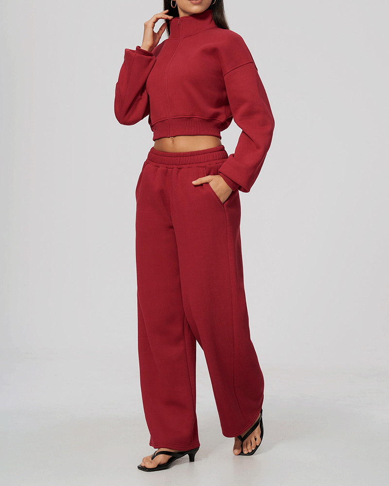 Cropped High-Neck Fleece-Lined Jacket
