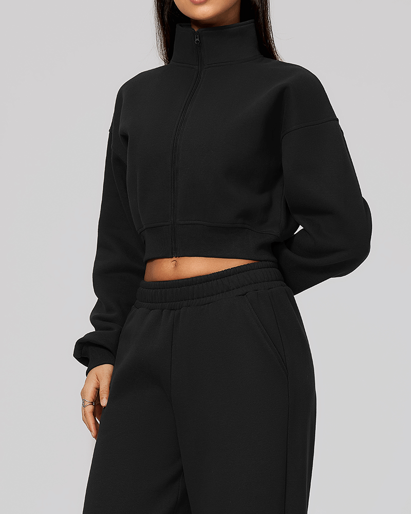 Cropped High-Neck Fleece-Lined Jacket