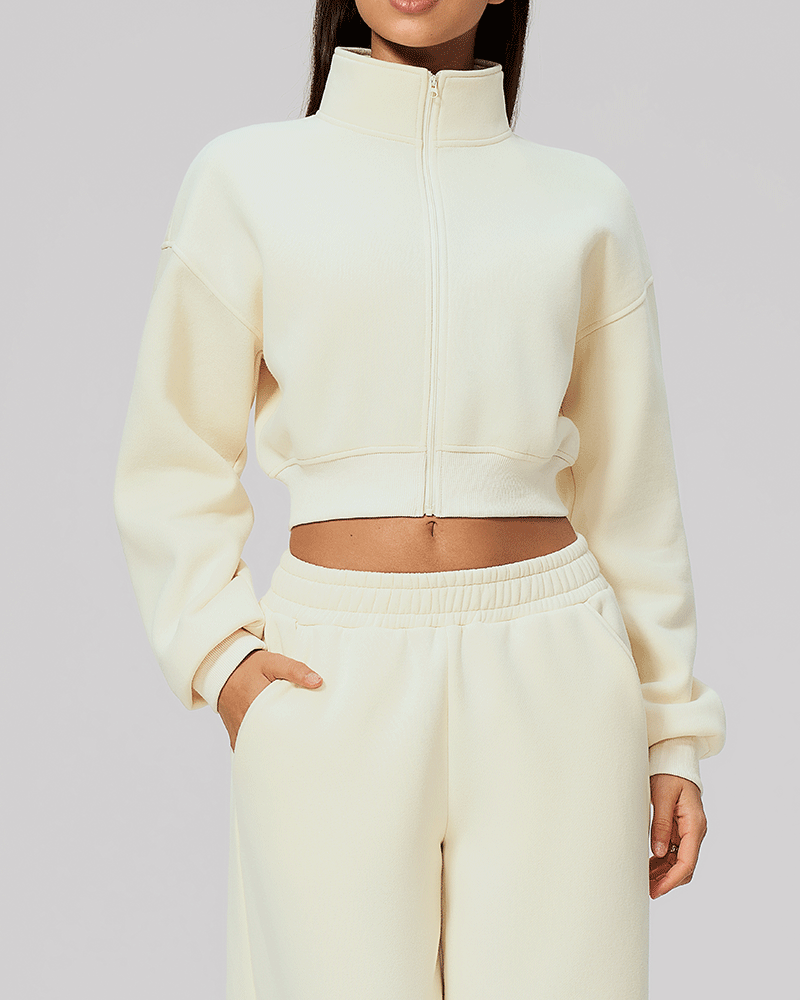 Cropped High-Neck Fleece-Lined Jacket