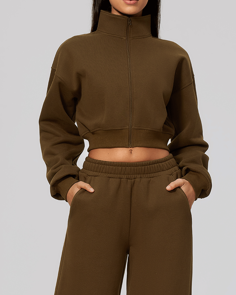 Cropped High-Neck Fleece-Lined Jacket