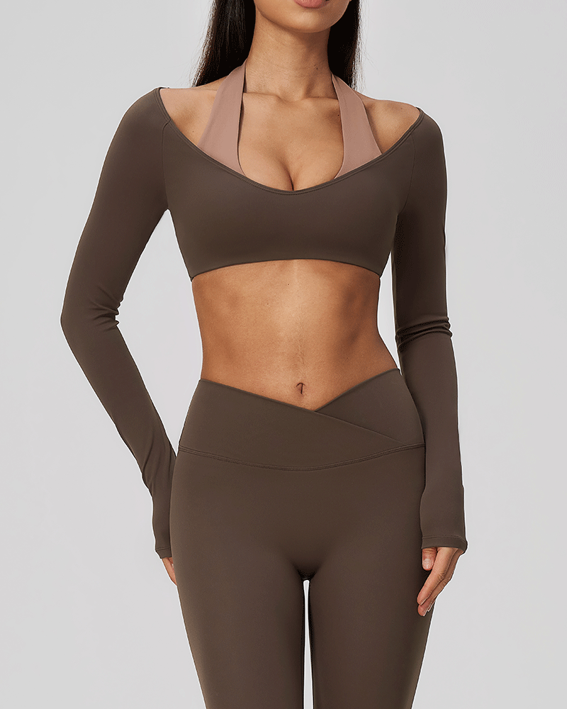Halter-neck V-neck long-sleeve yoga top