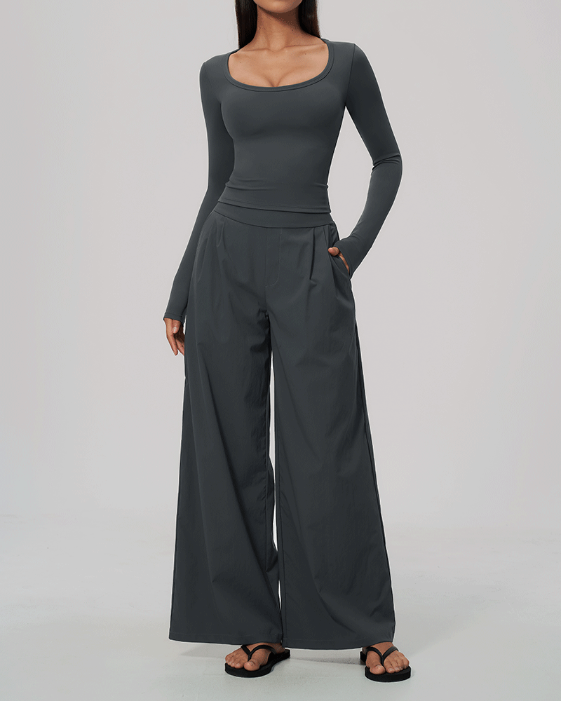 High-Waist Dual-Waistband Wide-Leg Pants