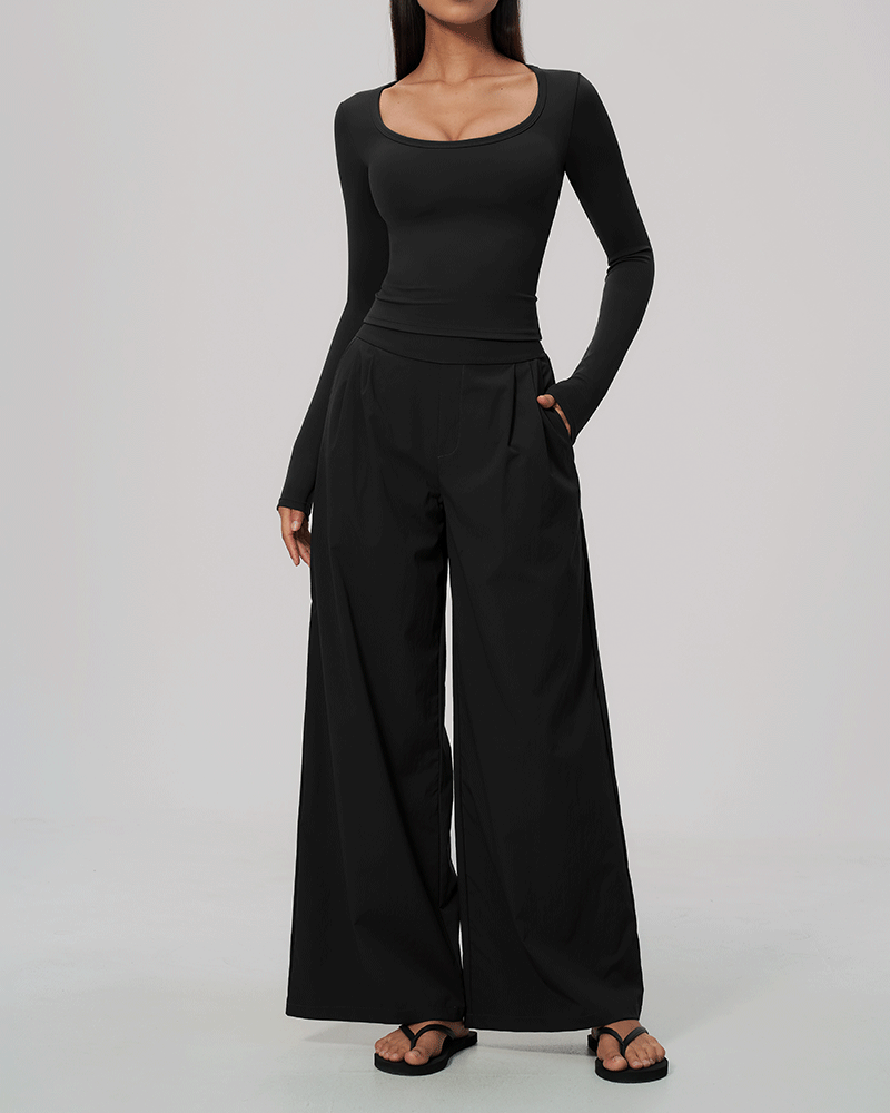 High-Waist Dual-Waistband Wide-Leg Pants