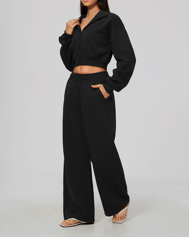 Cropped High-Neck Fleece-Lined Jacket