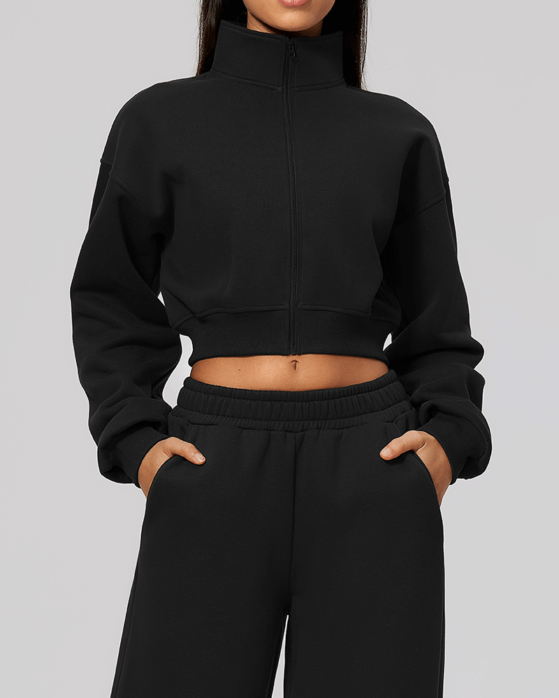 Cropped High-Neck Fleece-Lined Jacket
