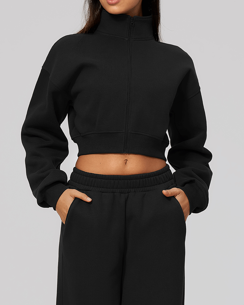 Cropped High-Neck Fleece-Lined Jacket