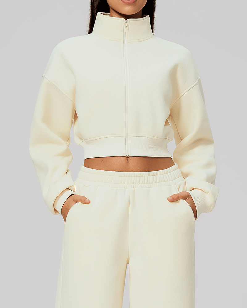 Cropped High-Neck Fleece-Lined Jacket