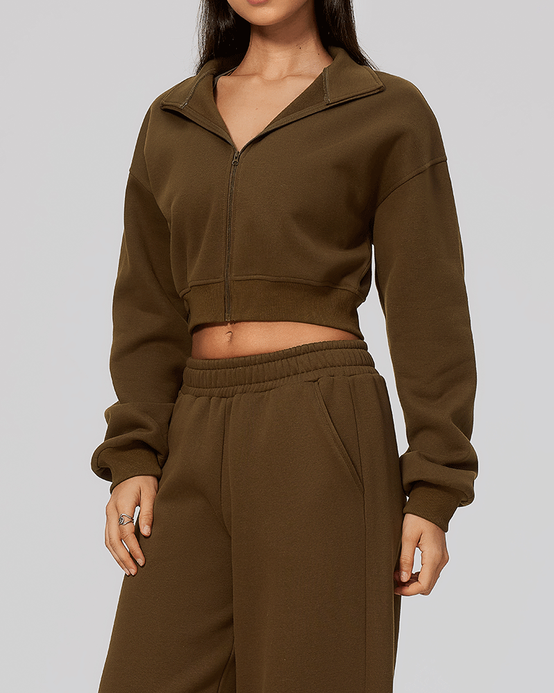 Cropped High-Neck Fleece-Lined Jacket
