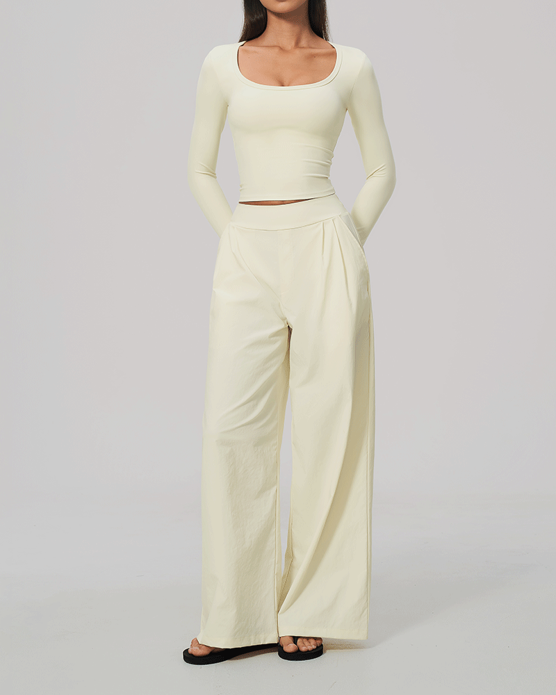 High-Waist Dual-Waistband Wide-Leg Pants