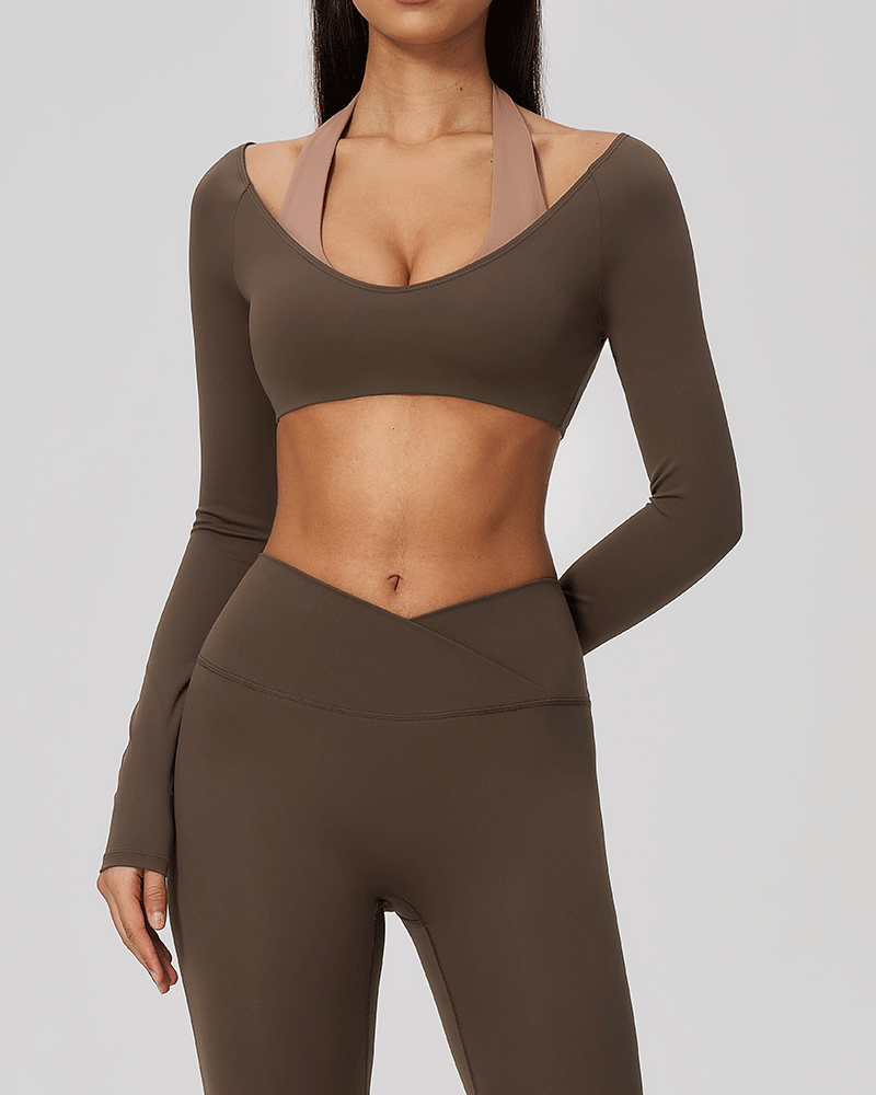 Halter-neck V-neck long-sleeve yoga top
