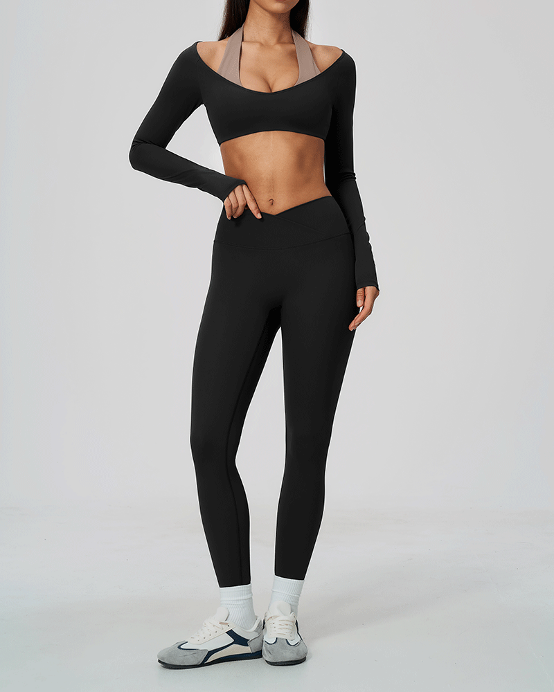Halter-neck V-neck long-sleeve yoga top
