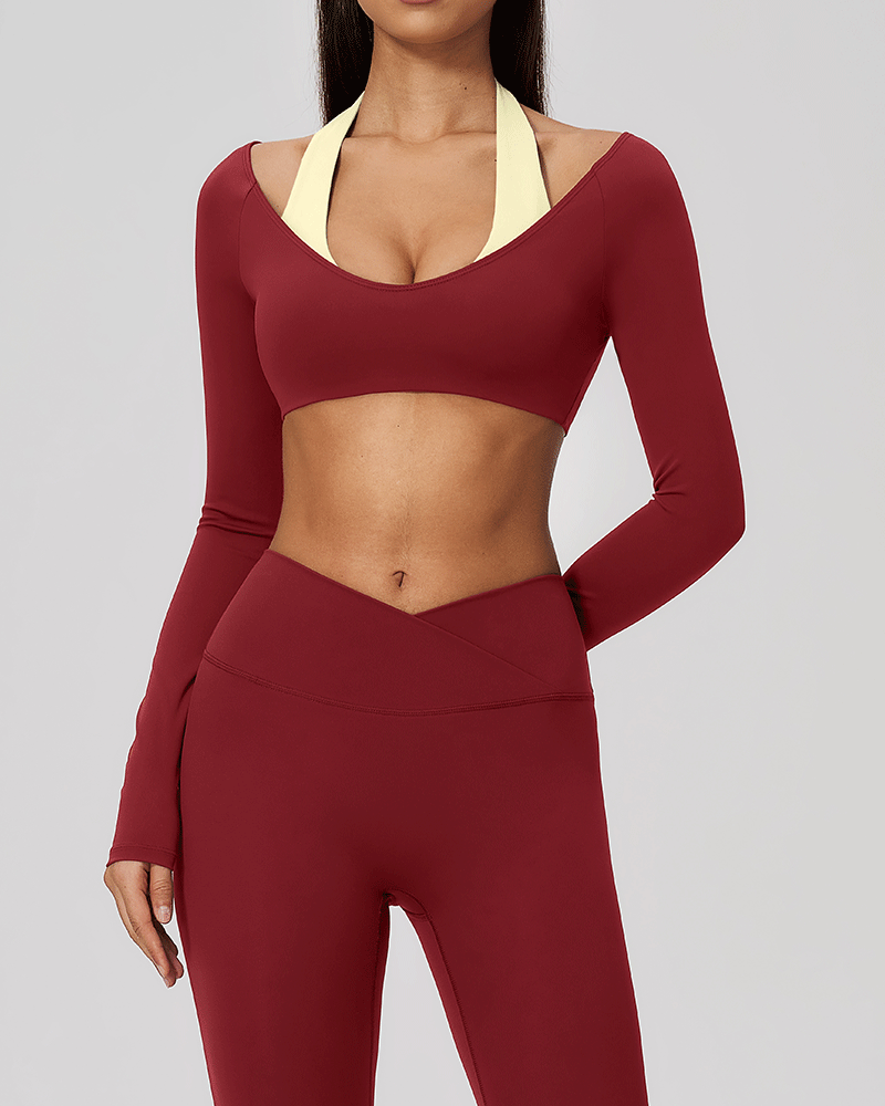 Halter-neck V-neck long-sleeve yoga top
