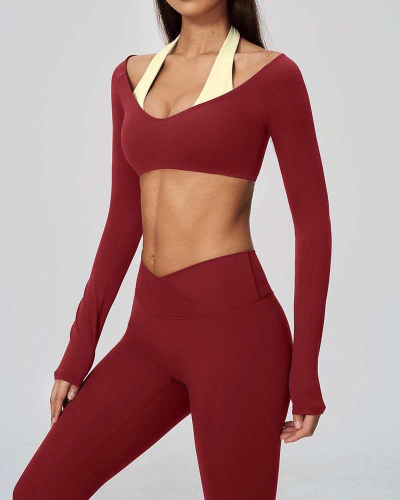 Halter-neck V-neck long-sleeve yoga top